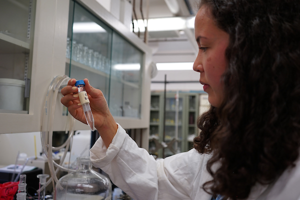 Student studying a sample tube