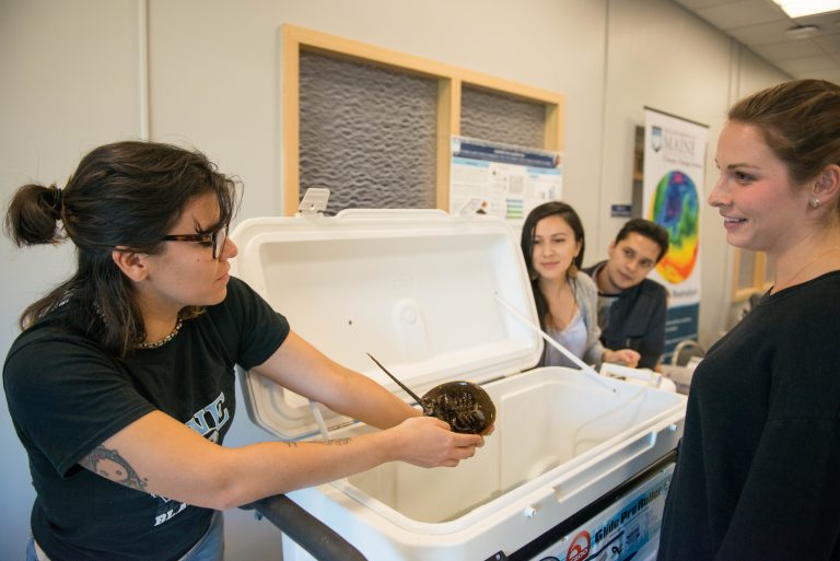 A graduate student holds out a horseshoe crab for inspection by another student during the Grad School Open House